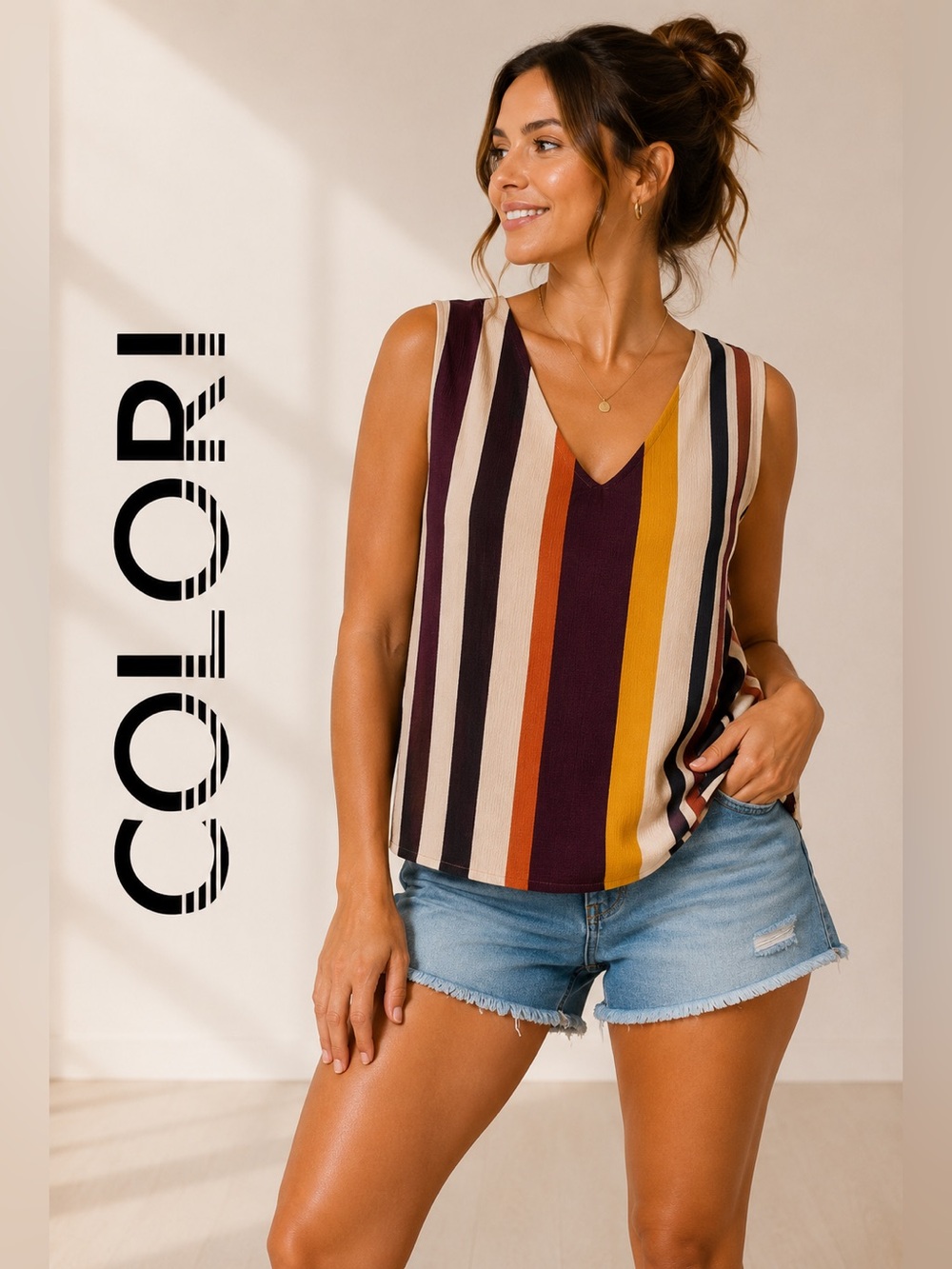 •Colori Purple Mustard Orange Striped V-Neck Sleeveless Top | Medium